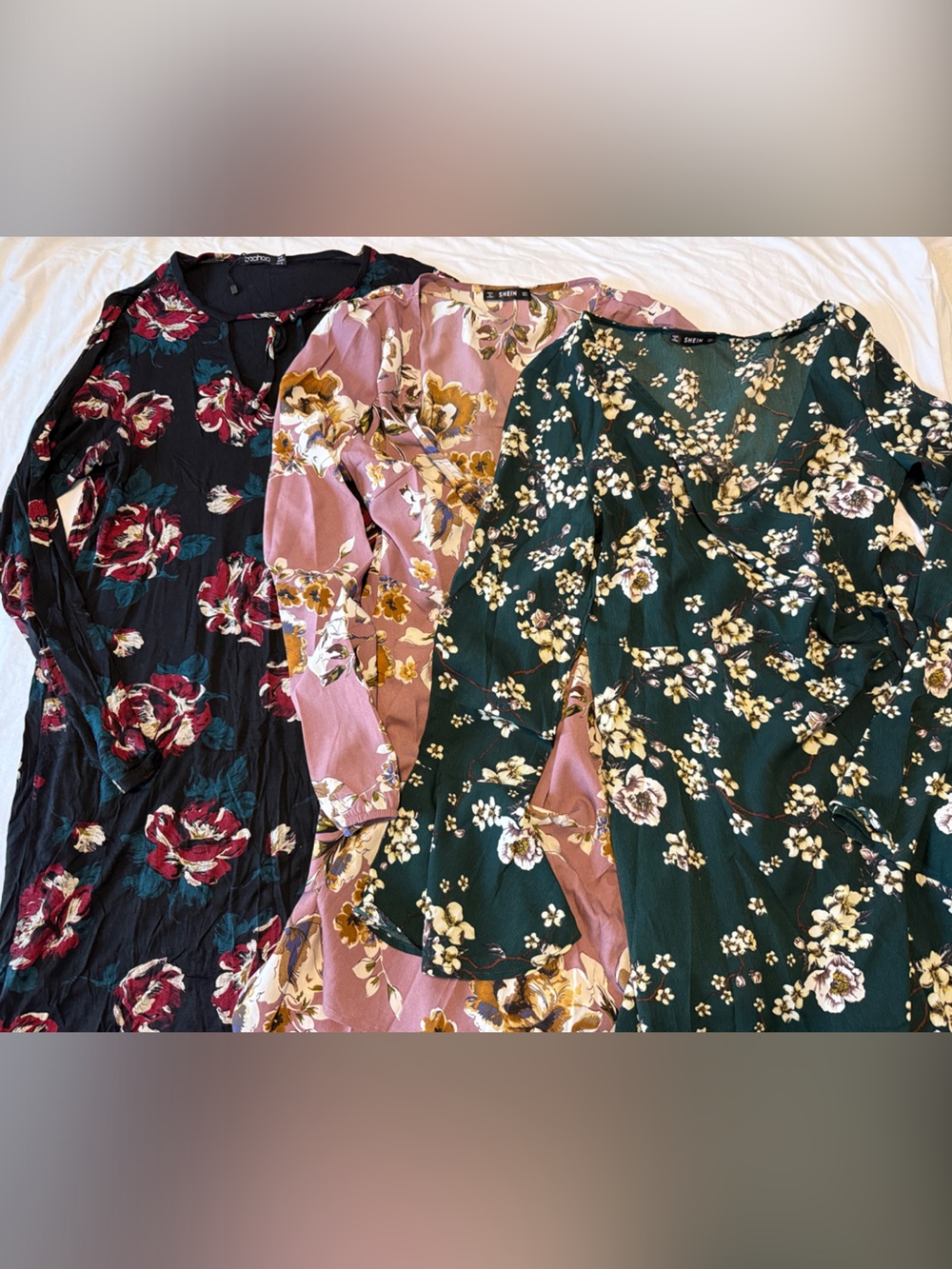 Floral Long-Sleeve Dresses in Black, Mauve & Green